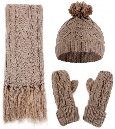 Skullies & Beanies Women Lady Winter 3PC Cable Knit Beanie Hat Gloves and Scarf Set - Khaki - CH18IMDNLTI