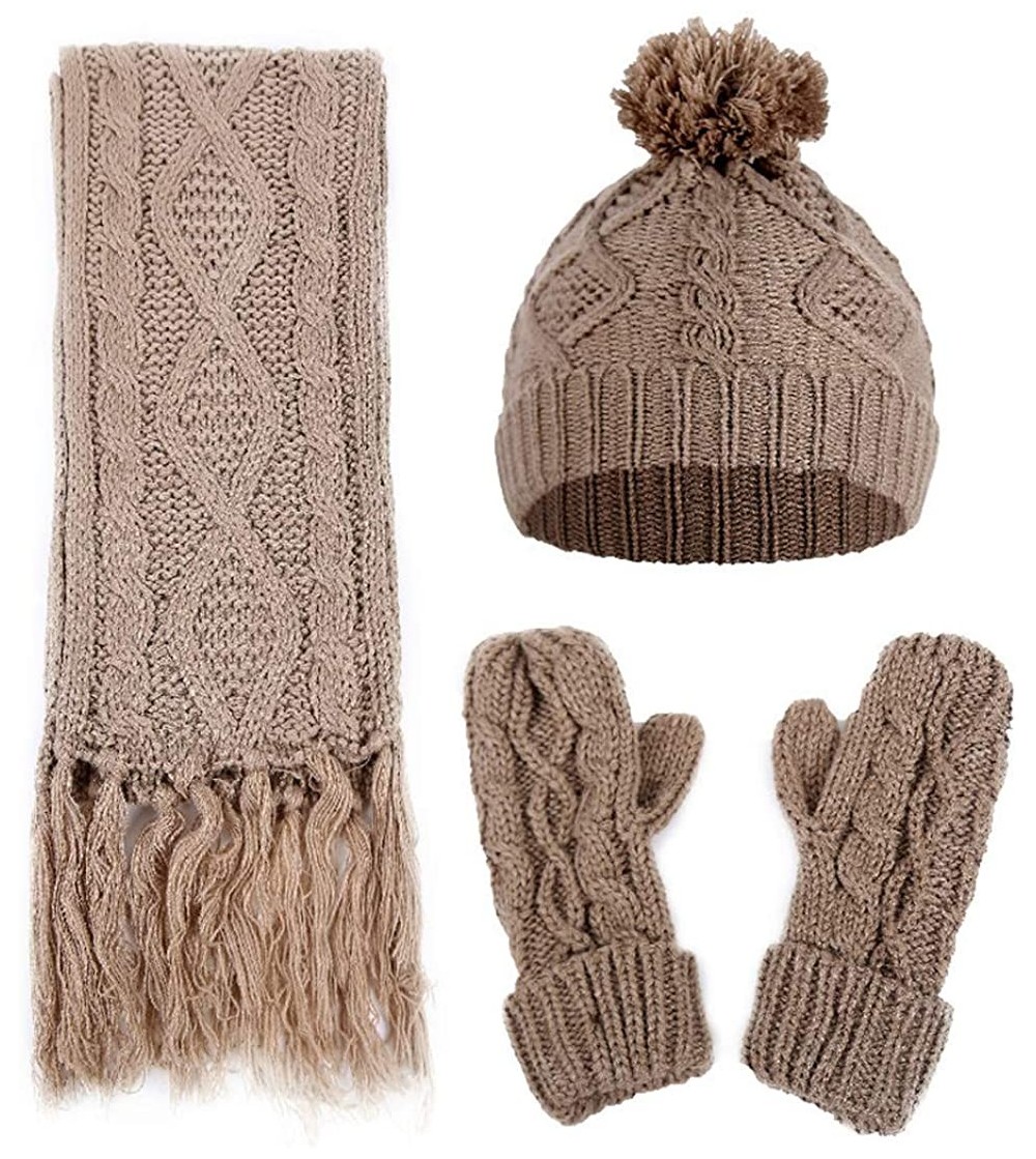 Skullies & Beanies Women Lady Winter 3PC Cable Knit Beanie Hat Gloves and Scarf Set - Khaki - CH18IMDNLTI