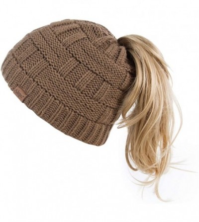 Skullies & Beanies Womens High Messy Bun Beanie Hat with Ponytail Hole- Winter Warm Trendy Knit Ski Skull Cap - Khaki - CY18X...