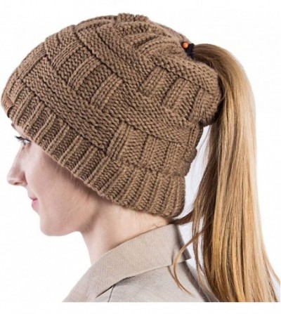 Skullies & Beanies Womens High Messy Bun Beanie Hat with Ponytail Hole- Winter Warm Trendy Knit Ski Skull Cap - Khaki - CY18X...