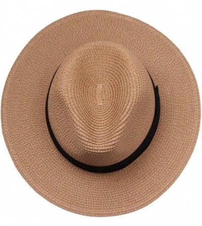 Sun Hats Women Panama Straw Sun Hat Foldable Wide Brim Fedora Beach Sun Caps - Khaki - CA18SO5058O