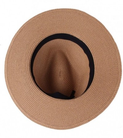 Sun Hats Women Panama Straw Sun Hat Foldable Wide Brim Fedora Beach Sun Caps - Khaki - CA18SO5058O