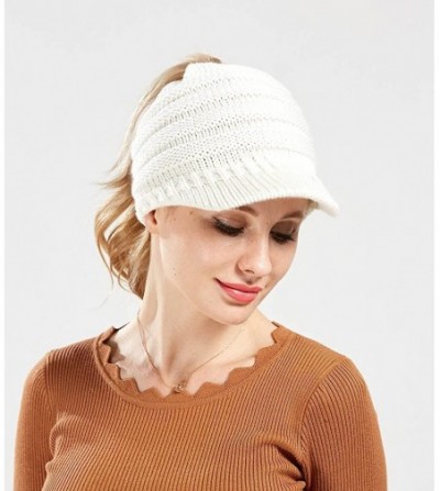Skullies & Beanies Women's Warm Chunky Cable Knit Messy Bun Hat Ponytail Visor Beanie Cap - Mint - CC18HYSHHU8