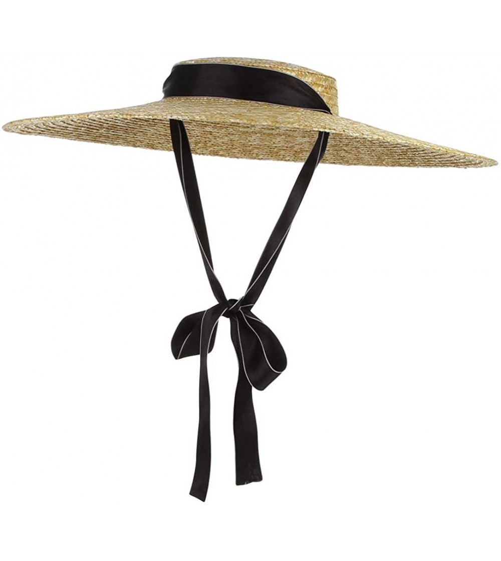 Sun Hats Women Vintage Boater Straw Hat Wide Brim Flat Top Floppy Derby Straw Hat Beach Sun Hats with Chin Strap - Black - C4...