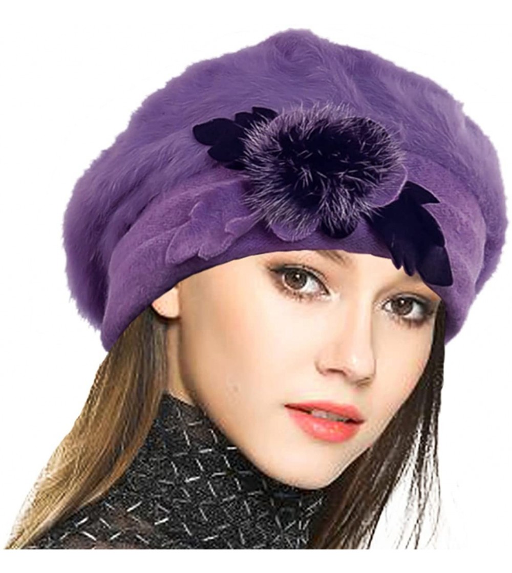 Berets Women's 100% Wool Bucket Hat Felt Cloche Beret Dress Winter Beanie Hats - Angora-purple - CX18XDXY2OW