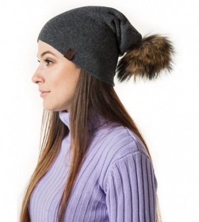 Skullies & Beanies Marino Slouchy Beanie Hat for Women - Cashmere Blend - Rabbit Fur Pompom - Dark Gray - CU12N2HP6K9