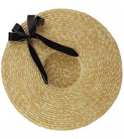 Sun Hats Women Vintage Boater Straw Hat Wide Brim Flat Top Floppy Derby Straw Hat Beach Sun Hats with Chin Strap - Black - C4...