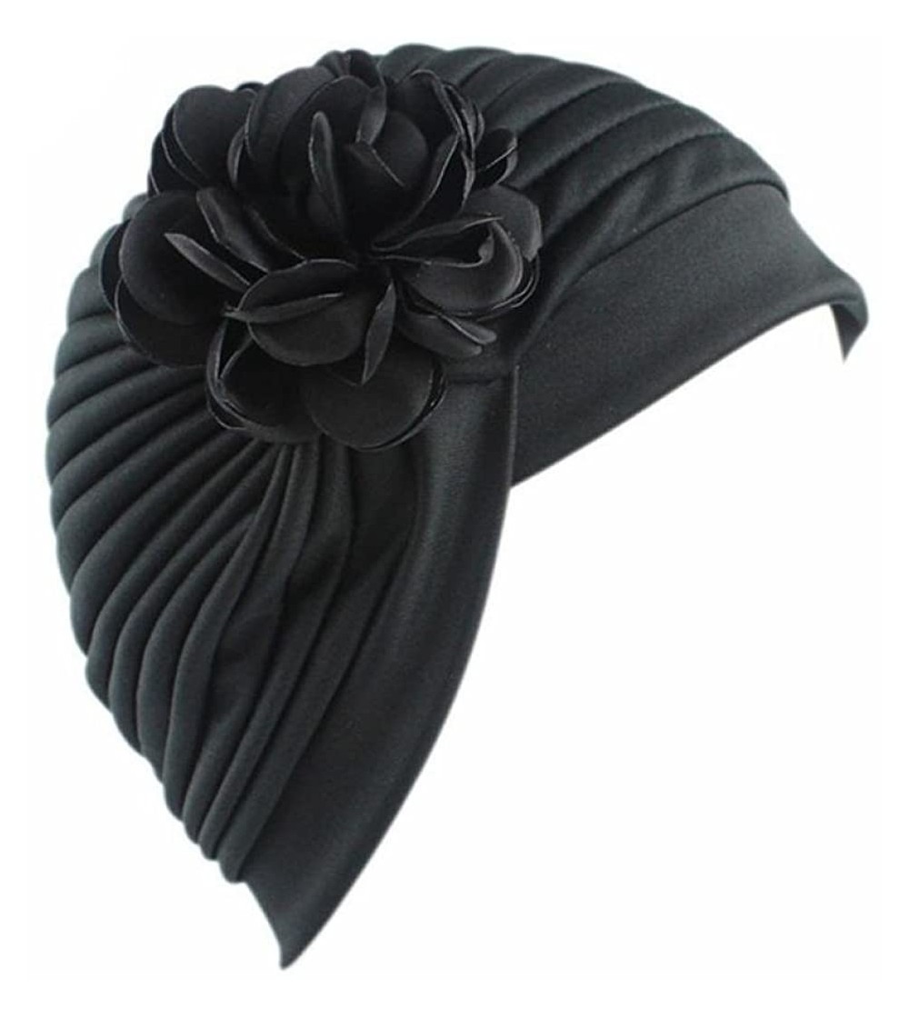 Skullies & Beanies Women Muslim Solid Flowers Cancer Chemo Hat Fashion Indian Stretch Turban Headbands Hair Loss Wrap Cap (Bl...