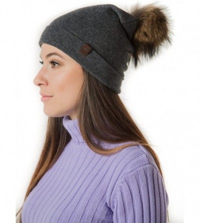 Skullies & Beanies Marino Slouchy Beanie Hat for Women - Cashmere Blend - Rabbit Fur Pompom - Dark Gray - CU12N2HP6K9
