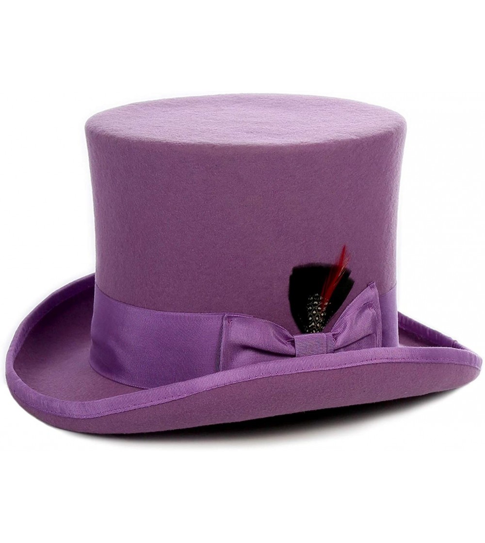Fedoras Satin Lined Wool Top Hat with Grosgrain Ribbon and Removable Feather - Unisex- Men- Women - Purple - CN12G3TDPYL