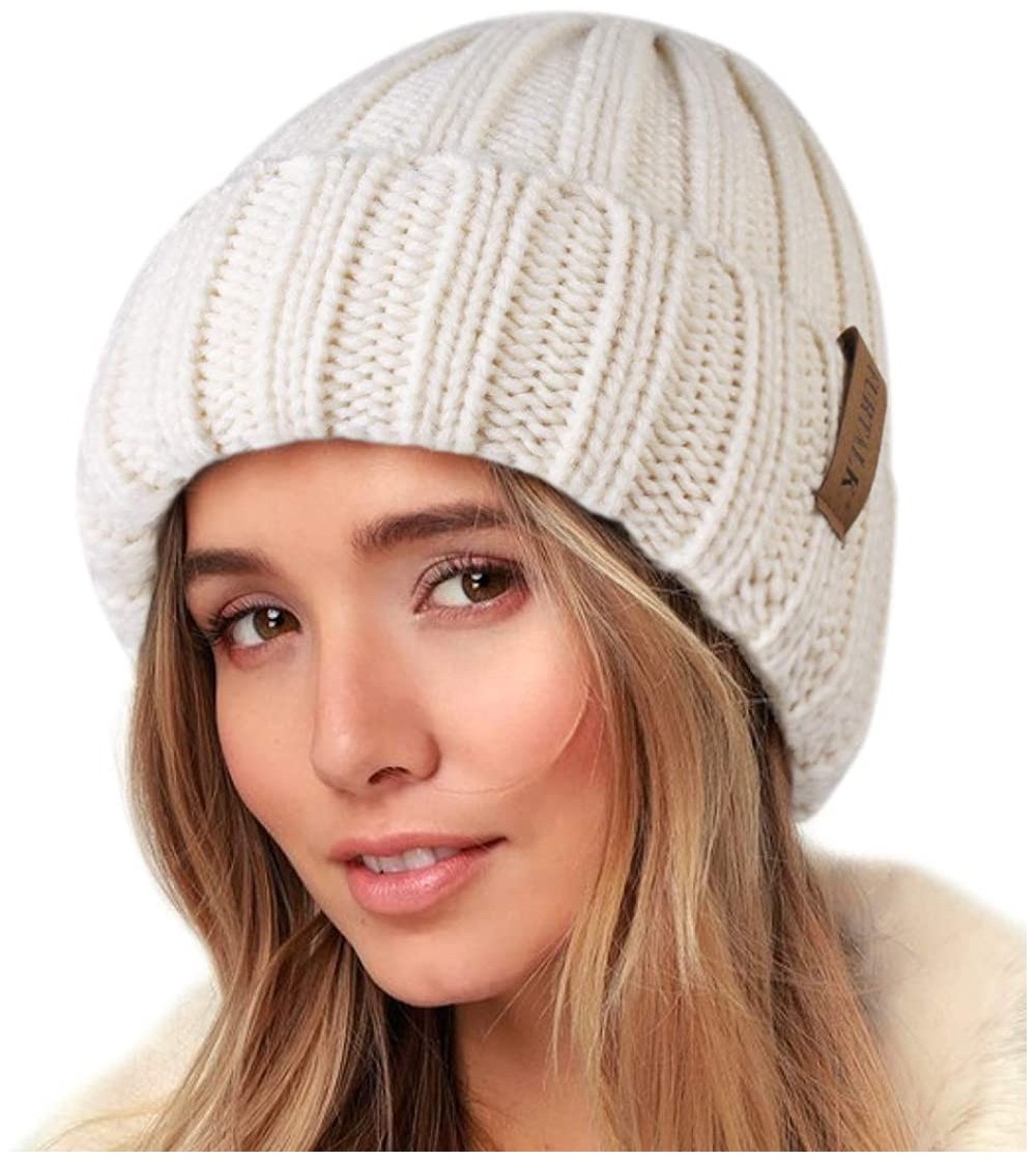 Skullies & Beanies Knit Beanie Hats for Women Men Double Layer Fleece Lined Chunky Winter Hat - Beige - CB18UYG9DYN