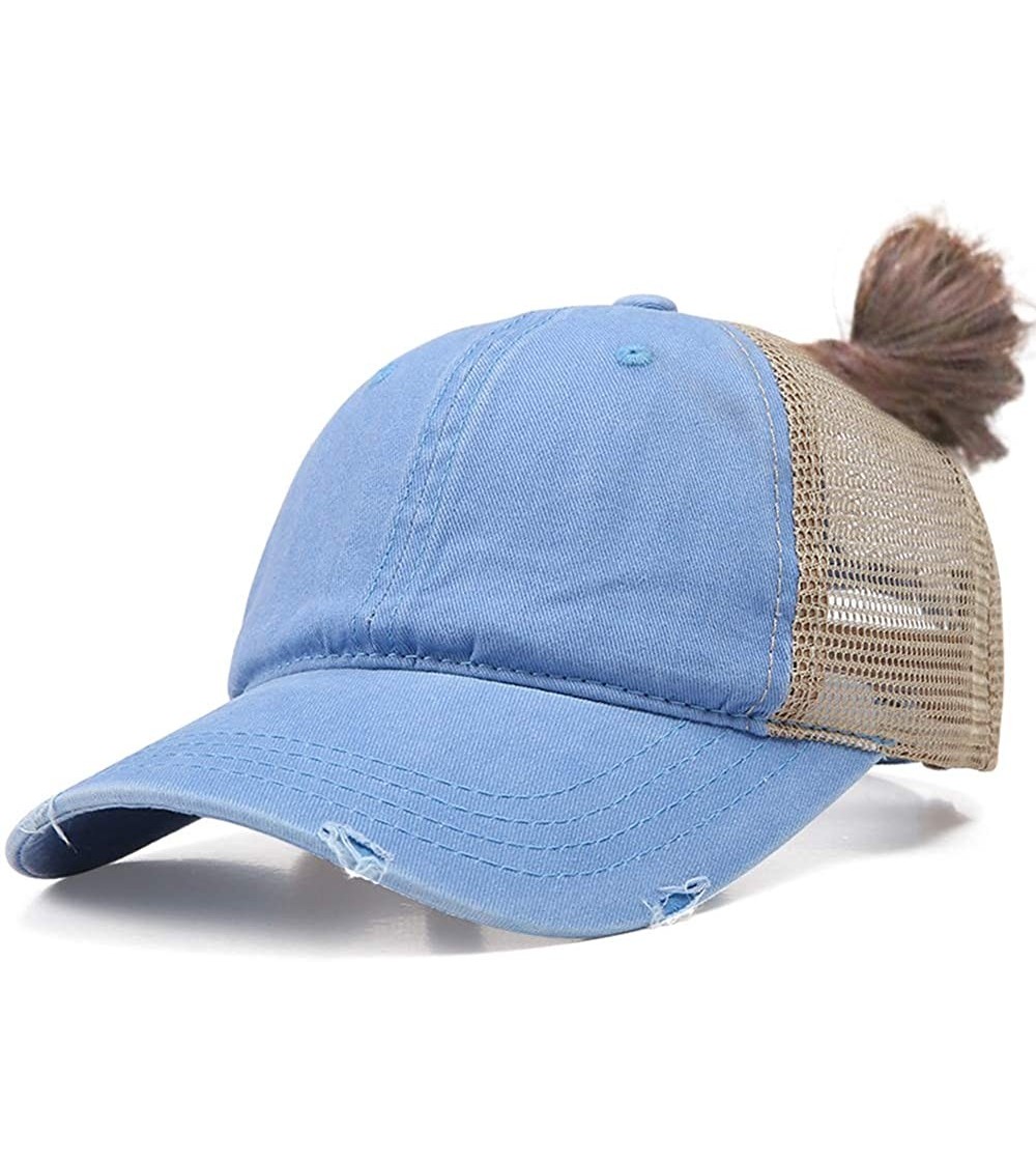 Baseball Caps Ponytail Baseball Cap Retro Washed Cotton Visor Dad Hat Adjustable Trucker Ponycaps - Blue - C618NW4YH9R
