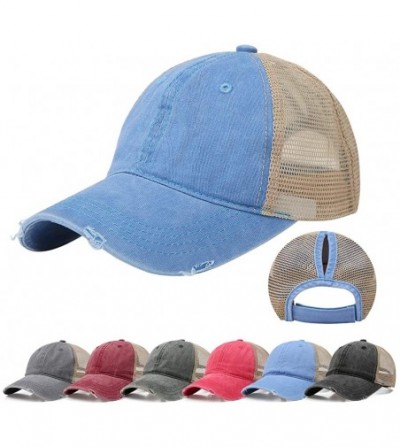 Baseball Caps Ponytail Baseball Cap Retro Washed Cotton Visor Dad Hat Adjustable Trucker Ponycaps - Blue - C618NW4YH9R