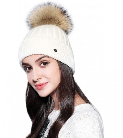 Skullies & Beanies Women Winter Kintted Beanie Hats with Real Fox Fur Pom Pom - Z-white - CQ18Y9O4MNZ