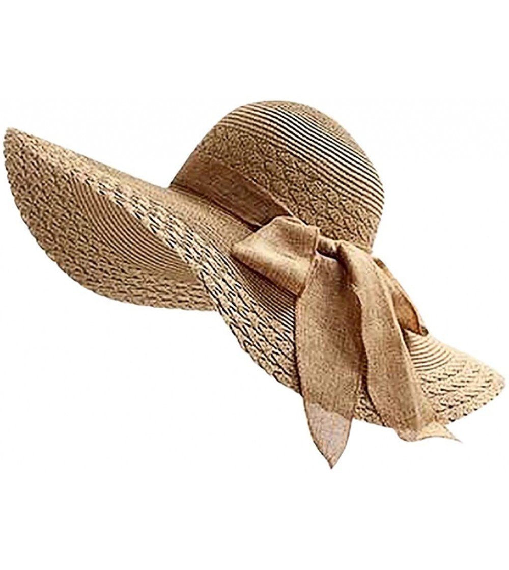 Sun Hats Women Colorful Big Brim Straw Bow Hat Sun Floppy Wide Brim Hats Beach Cap - Khaki - C918QIS9NGI
