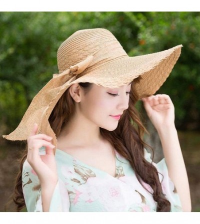 Sun Hats Women Colorful Big Brim Straw Bow Hat Sun Floppy Wide Brim Hats Beach Cap - Khaki - C918QIS9NGI