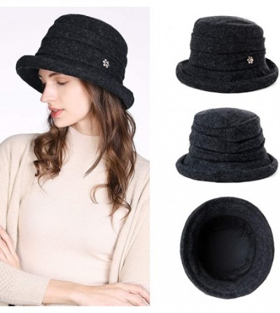 Bucket Hats Women Winter Wool Bucket Hat 1920s Vintage Cloche Bowler Hat with Bow/Flower Accent - 16060black Grey - C318A5U2TXH