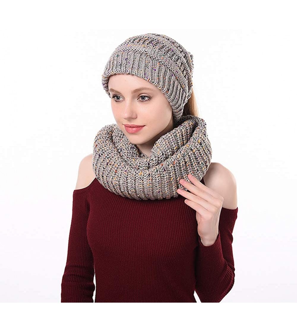 Skullies & Beanies Women Girls Fashion Winter Warm Knitted Hat Beanie Hat Scarf Set - Ponytail Melange Gray - CI18HE0YWNH