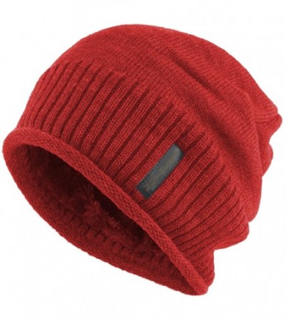Skullies & Beanies Winter Slouchy Baggy Solid Knit Beanie Hat Fur Lined Skull Ski Cap - Red - CV12N09LTJ3
