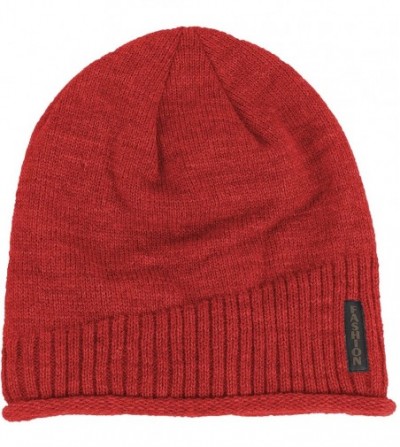 Skullies & Beanies Winter Slouchy Baggy Solid Knit Beanie Hat Fur Lined Skull Ski Cap - Red - CV12N09LTJ3