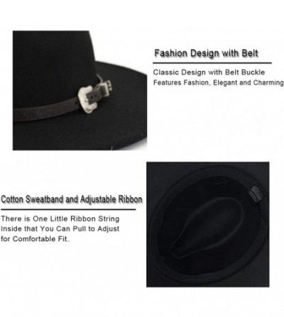 Fedoras Men & Women's Classic Wide Brim Felt Fedora Panama Hat with Belt Buckle - Black - CO18W9I7432