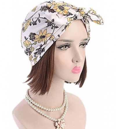 Skullies & Beanies Shiny Flower Turban Shimmer Chemo Cap Hairwrap Headwear Beanie Hair Scarf - White&yellow - C218WWDCOT8
