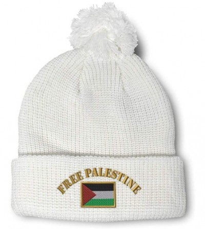 Skullies & Beanies Winter Pom Pom Beanie for Men & Women Free Palestine Flag Embroidery 1 Size - White - C912ESKRGND