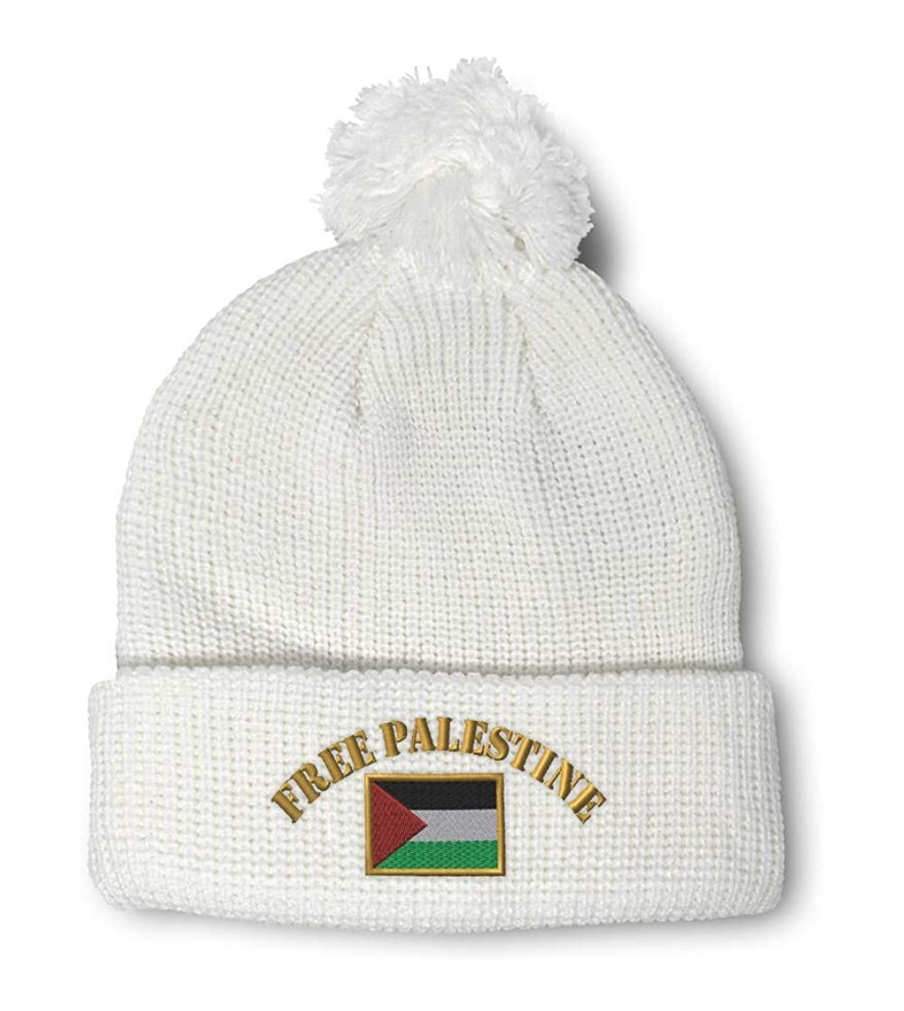 Skullies & Beanies Winter Pom Pom Beanie for Men & Women Free Palestine Flag Embroidery 1 Size - White - C912ESKRGND