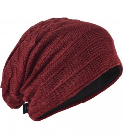 Skullies & Beanies Slouchy Knitted Baggy Beanie Hat Crochet Stripe Summer Dread Caps Oversized for Men-B318 - Xzz-claret - CS...