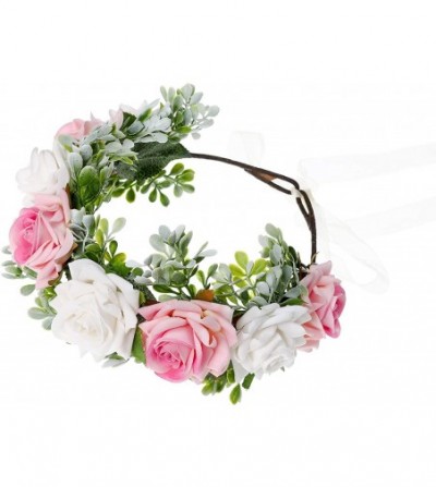 Headbands Flower Crown Headband Rose Wreath Leave Flower Adjustable Ribbon Headband Wedding Festival Headdress for Girls - C1...