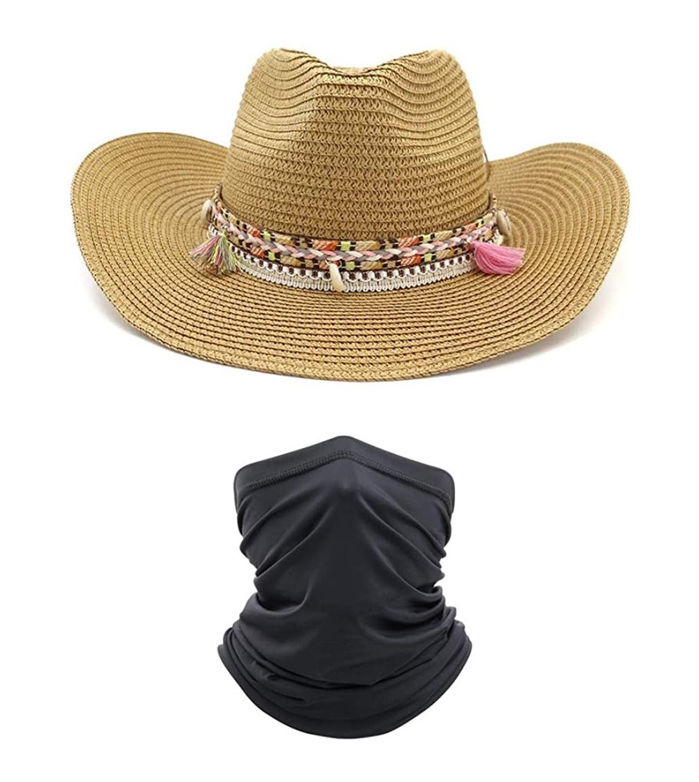 Cowboy Hats Women's Woven Straw Cowboy Hat w/Beaded Trim Band Hat Beach Holiday Sun Hats - A Hat+balaclava - C51993RKKS3