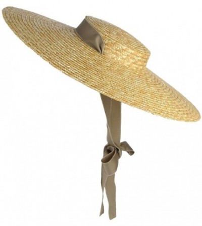 Sun Hats Women Vintage Boater Straw Hat Wide Brim Flat Top Floppy Derby Straw Hat Beach Sun Hats with Chin Strap - Khaki - CQ...