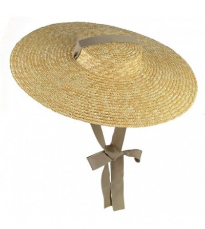 Sun Hats Women Vintage Boater Straw Hat Wide Brim Flat Top Floppy Derby Straw Hat Beach Sun Hats with Chin Strap - Khaki - CQ...