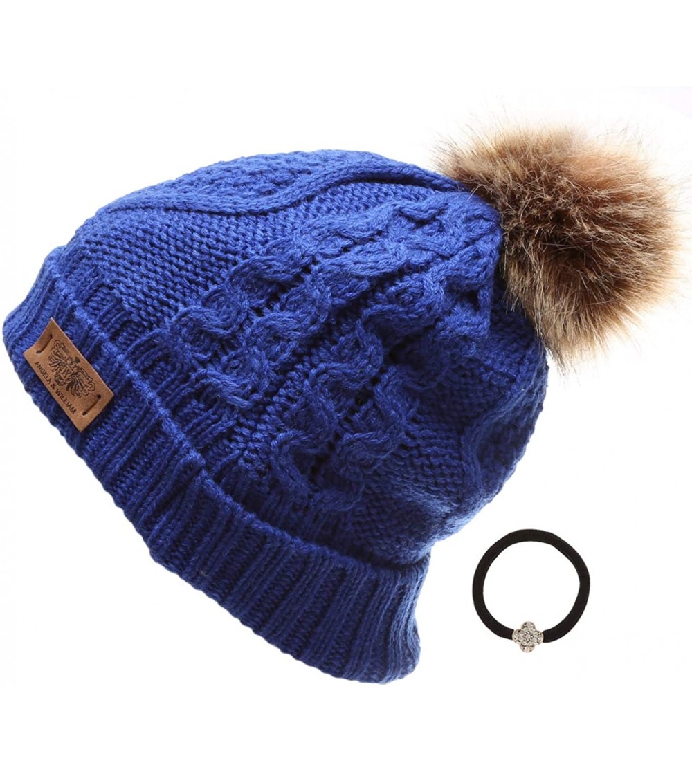 Skullies & Beanies Women's Winter Fleece Lined Cable Knitted Pom Pom Beanie Hat with Hair Tie. - Royal Blue - C618I7ULCR9