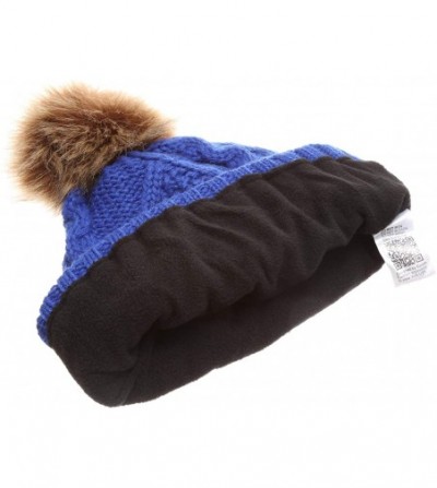 Skullies & Beanies Women's Winter Fleece Lined Cable Knitted Pom Pom Beanie Hat with Hair Tie. - Royal Blue - C618I7ULCR9