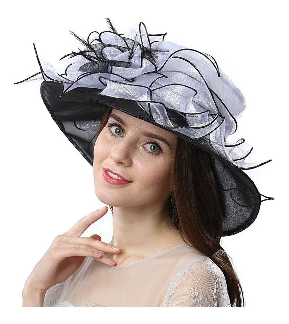 Sun Hats Women's Organza Dress Kentucky Derby Day Church Wedding Tea Party Hat - Wihte/Black - C917YHA9SXQ