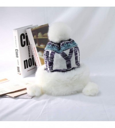 Skullies & Beanies Women Peruvian Faux Fur Knit Beanie Hat Warm Winter Fleece Lined Pompom Earflap Snow Ski Cap - Purple - CE...