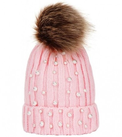 Cold Weather Headbands Women Faux Fur Pom Pom Beanie Cap Fashion Winter Pearl Knit Ski Hat - Pink - C818LKDITWK