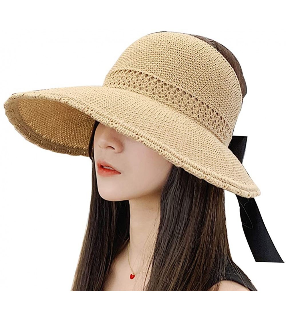 Sun Hats Sun Hats for Women with UV Protection- Wide Brim Large Sun Visor Hats- Foldable Sun Hats with Ponytail - Brown - C41...