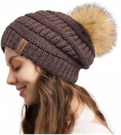 Skullies & Beanies Winter Slouchy Beanie Hats Women Fleece Lined Warm Ski Knitted Pom Pom Hat - 23-brown - CY18UKQ55OT