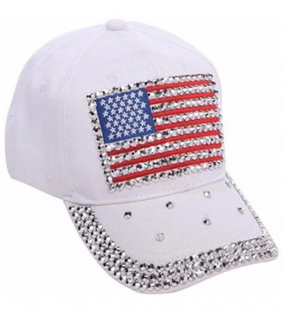 Baseball Caps USA Bling Baseball Cap- Sparkle Rhinestone American Flag Hat- Adjustable Size - White - C0183A42N4G