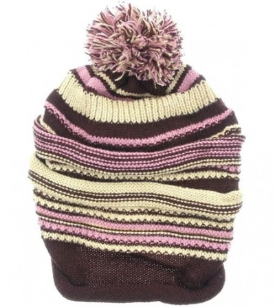 Skullies & Beanies Women's Multi Color Stripe Slouchy Pom Pom Knit Beanie Ski Cap - Burgundy - CU11QWQU5SF