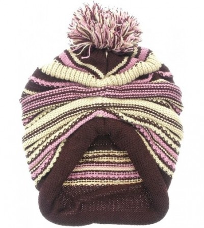 Skullies & Beanies Women's Multi Color Stripe Slouchy Pom Pom Knit Beanie Ski Cap - Burgundy - CU11QWQU5SF