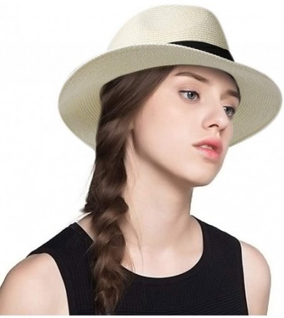 Sun Hats Panama Hat Sun Hats for Women Men Wide Brim Fedora Straw Beach Hat UV UPF 50 - Z-2 Pcs Ivory/Black Brown - C618NRZI3OC