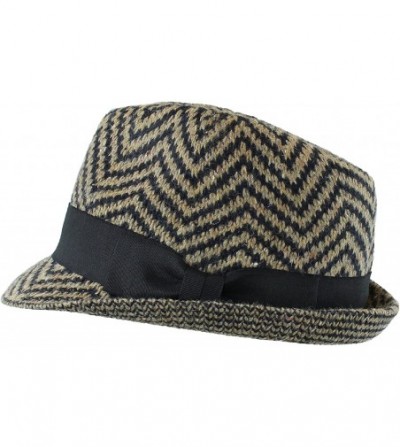 Fedoras Winter Chevron Wool Blend Fedora- Band and Bow Accent Knit Hat - Brown - CU126KKALML