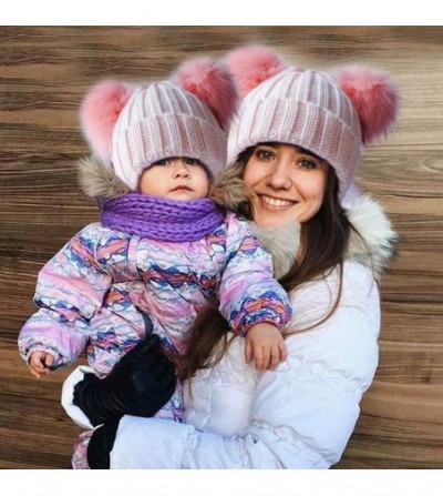 Skullies & Beanies Womens Double Pom Pom Winter Beanie Bobble Hat Knitted Faux Raccoon Fur Detachable Ball Cap Adult Skull Ha...