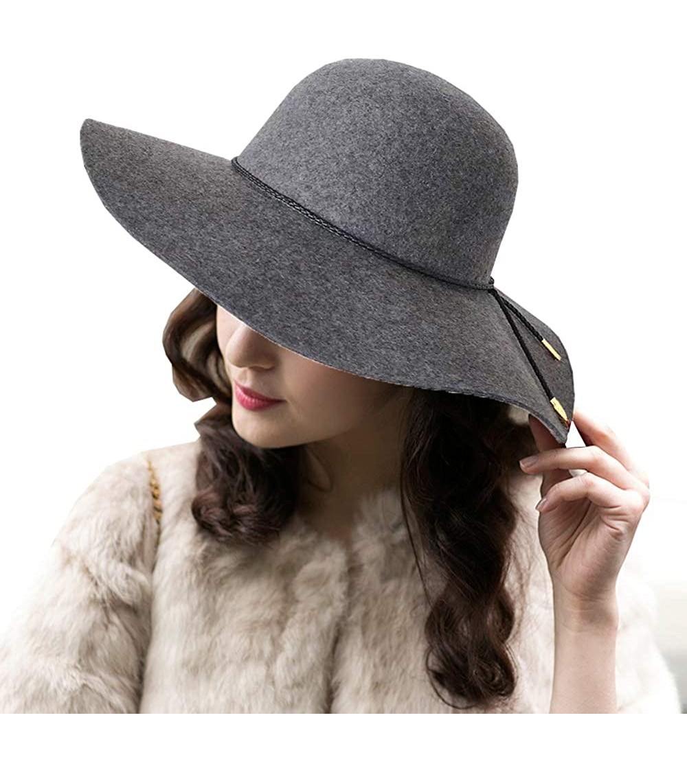 Fedoras Women's Wool Felt Floppy Hat Fedora Wide Brim Cloche Bowler Hat Foldable - Grey - CR192G9QLO3