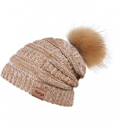 Skullies & Beanies Cable Knit Pom Pom Beanie Womens Winter Warm Faux Fur Pompoms Bobble Ski Hat Cap - Sandy Brown/White Mix -...