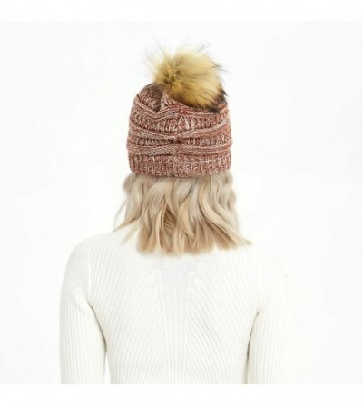 Skullies & Beanies Cable Knit Pom Pom Beanie Womens Winter Warm Faux Fur Pompoms Bobble Ski Hat Cap - Sandy Brown/White Mix -...
