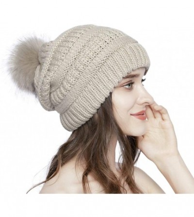 Skullies & Beanies Women Knit Beanie hat with Faux Fur Pom Pom Hats Thick Soft Warm Slouchy Chunky Baggy Ski Cap for Lady - C...